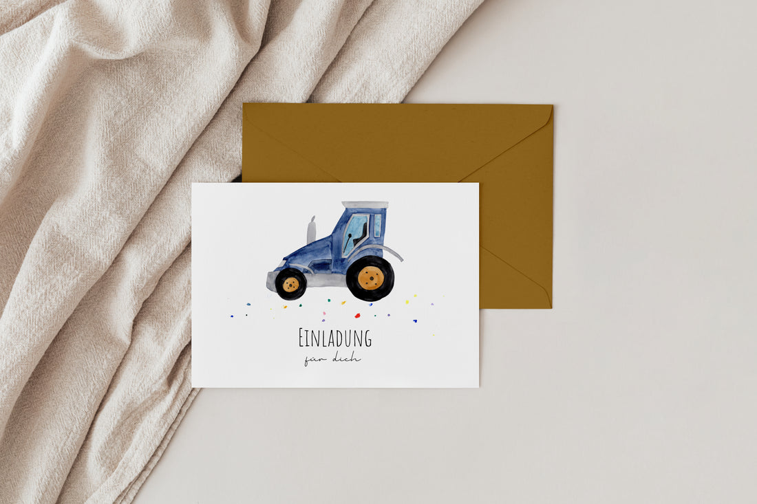 Traktor-Einladungskarte für den Kindergeburtstag mit passendem Umschlag